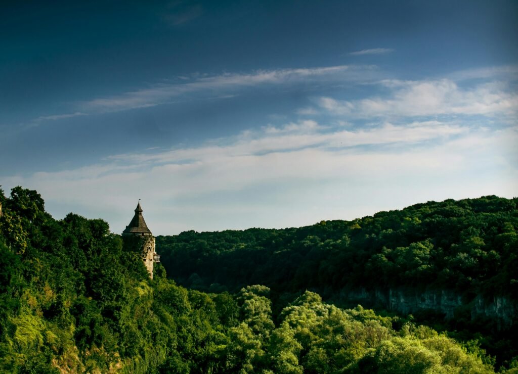 Beautiful landscape featuring the historic Kamenets-Podolsky fortress surrounded by lush greenery under a clear summer sky.